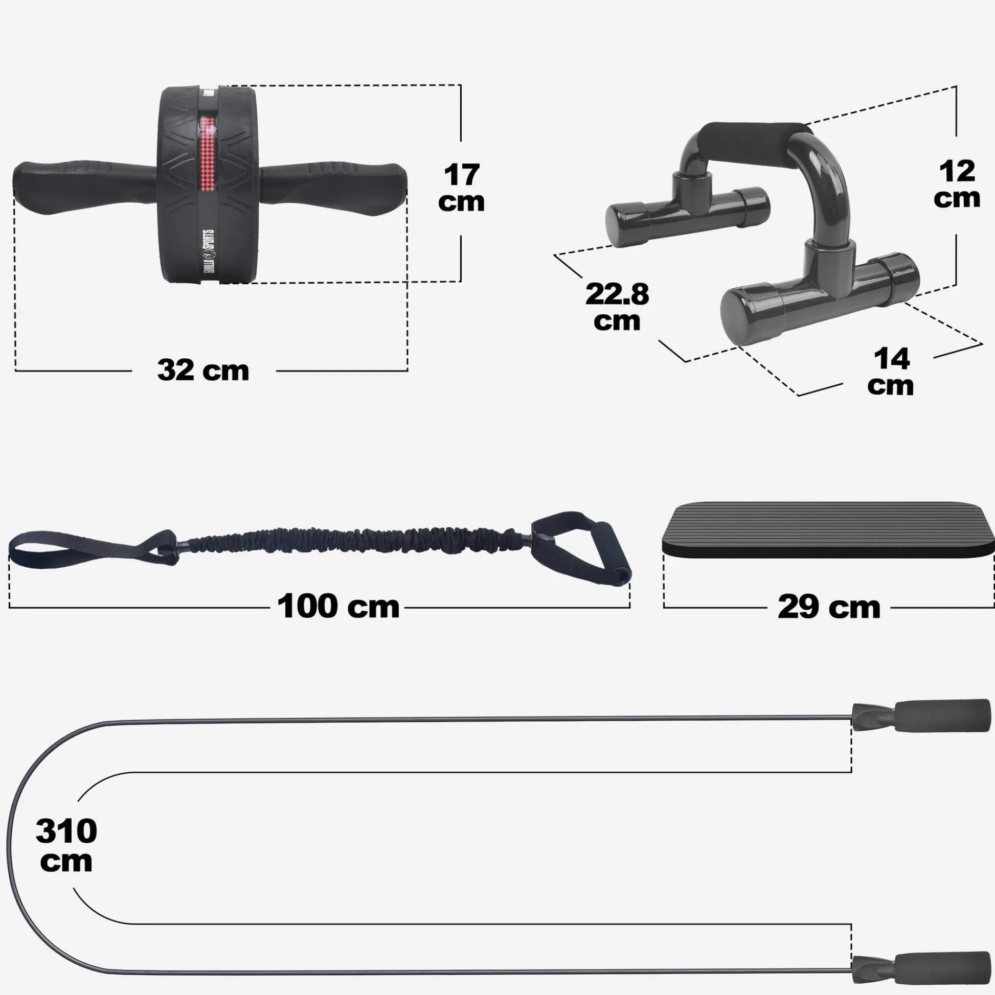 Gorilla Sports Ab Roller Set inkl, Kniematten, Springseil und Liegestützgriffe Schwarz