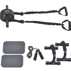 Gorilla Sports Ab Roller Set inkl, Kniematten, Springseil und Liegestützgriffe Schwarz