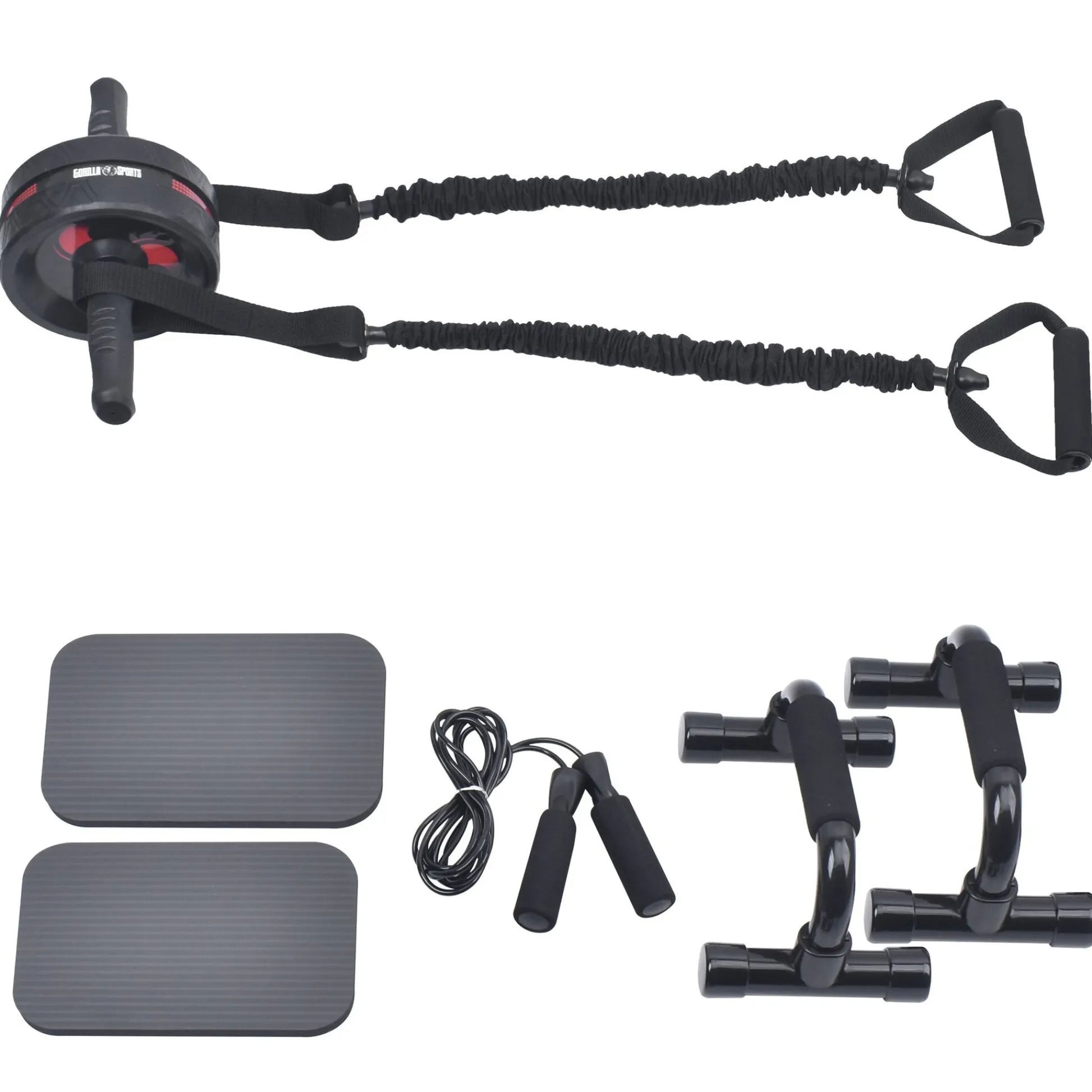 Gorilla Sports Ab Roller Set inkl, Kniematten, Springseil und Liegestützgriffe Schwarz
