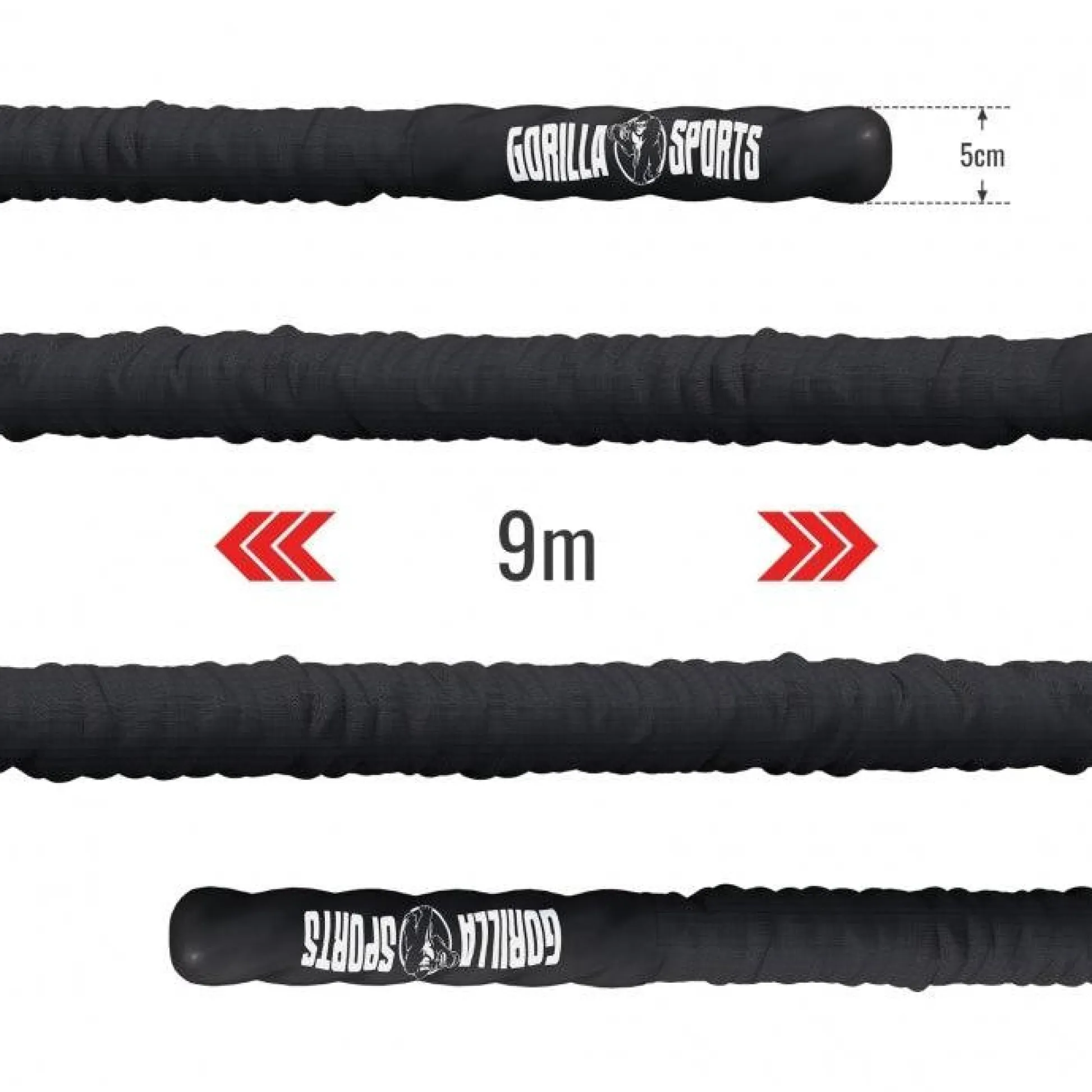 Gorilla Sports Battle Rope inkl, Wandbefestigung aus Nylon und 9 - 15 m Länge Schwarz