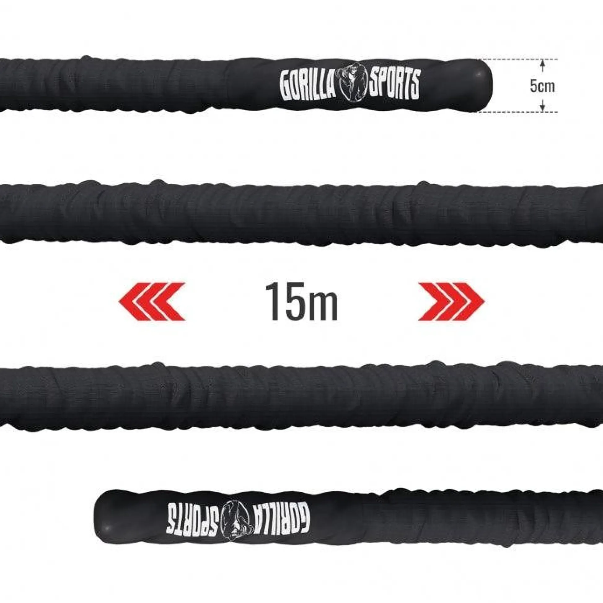Gorilla Sports Battle Rope inkl, Wandbefestigung aus Nylon und 9 - 15 m Länge Schwarz
