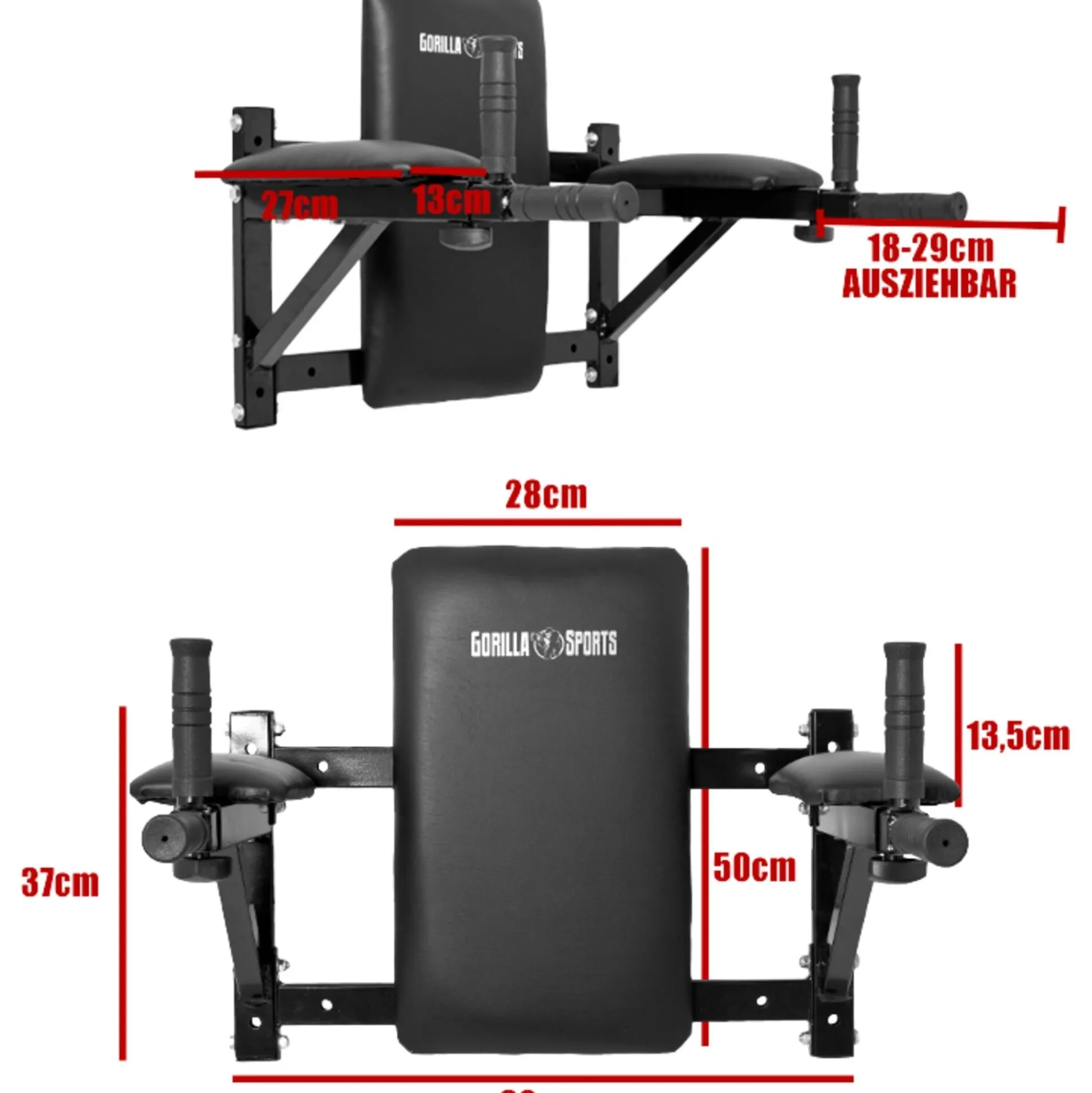 Gorilla Sports Dip Station mit Rückenpolster zur Wandmontage Schwarz New