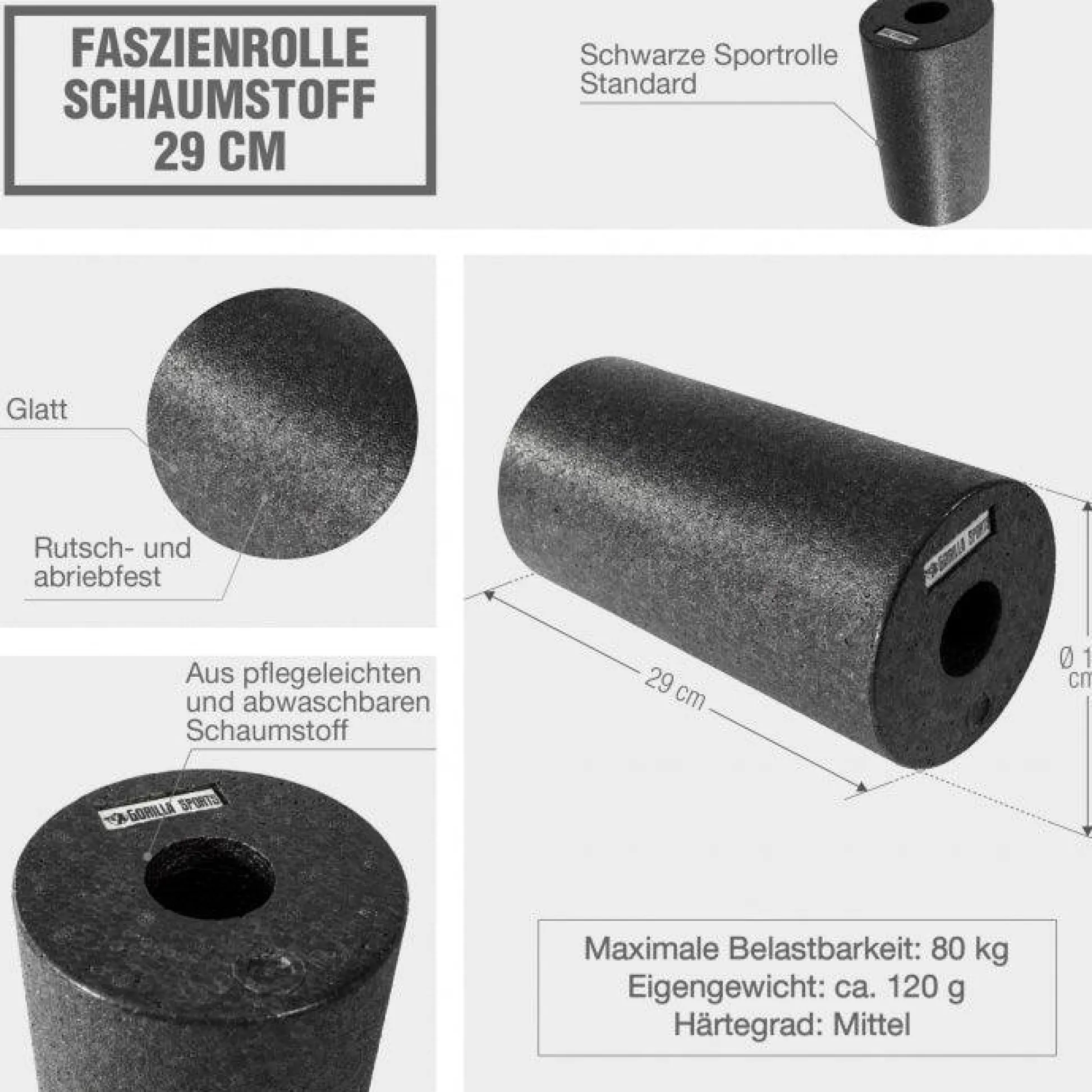 Gorilla Sports Faszienrolle mittel-hart 29 x 15 cm Schwarz Outlet
