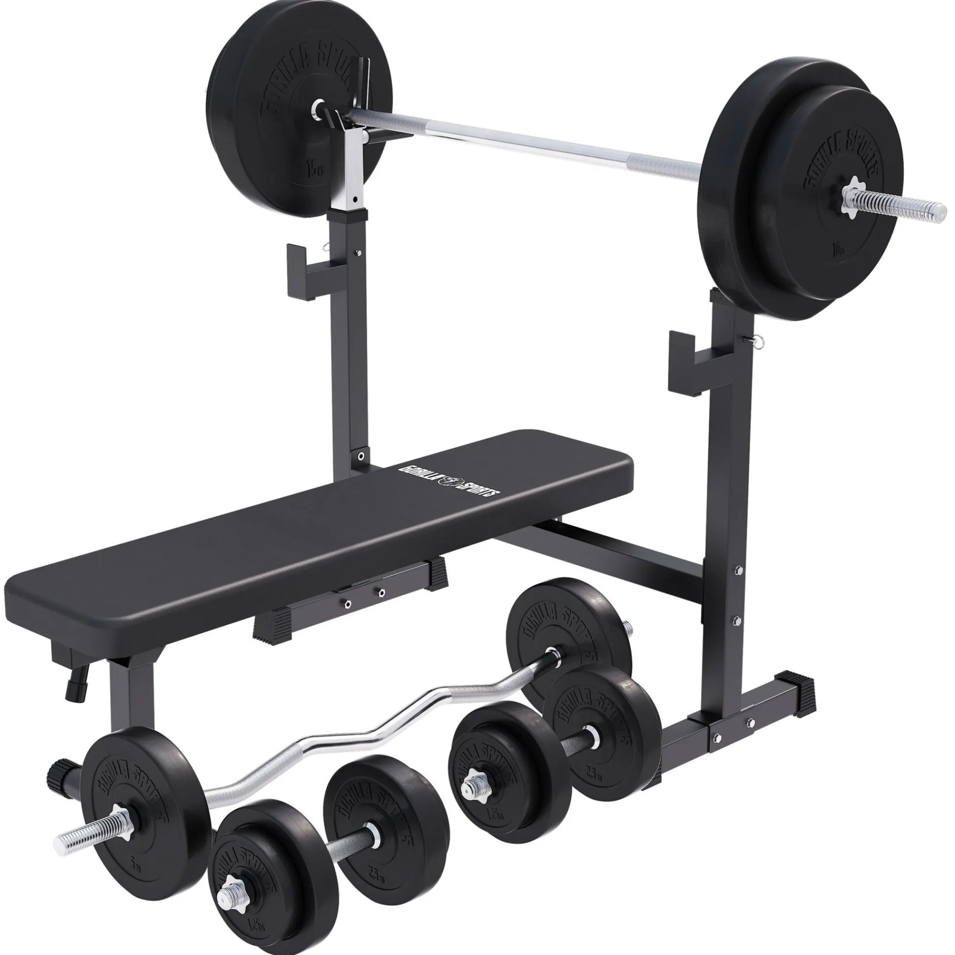 Gorilla Sports Hantelbank mit Ablage breit inkl, Hantelset 40/70/100 kg Schwarz Outlet