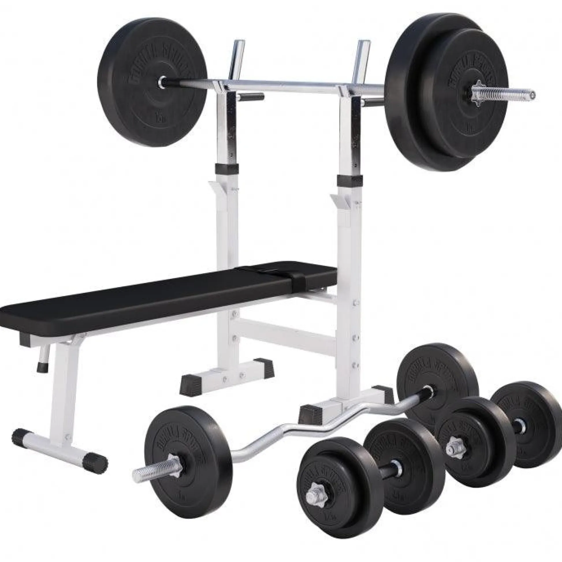 Gorilla Sports Hantelbank mit Ablage inkl, Langhantel Set Kunststoff 38/70/100 kg Weiss Clearance
