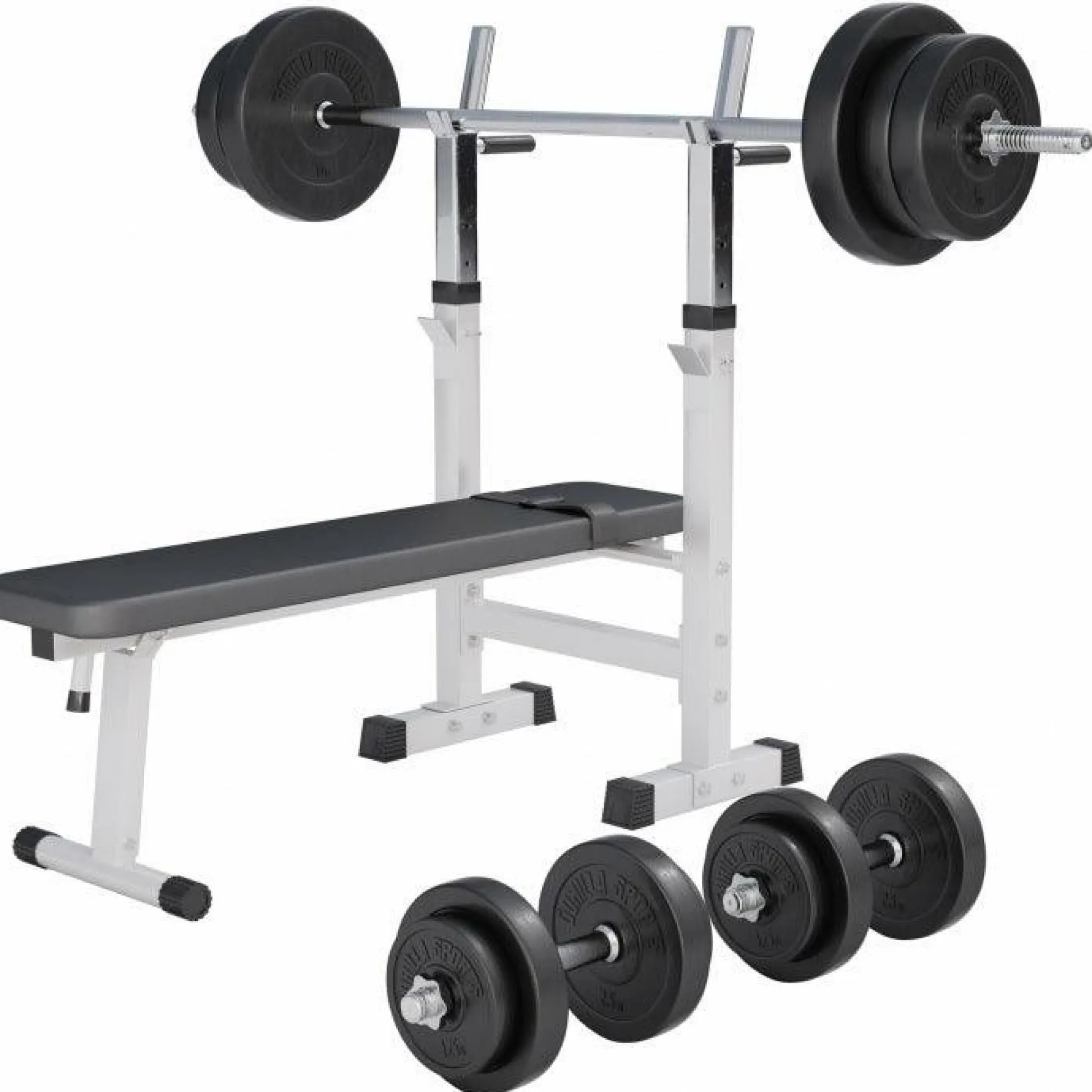 Gorilla Sports Hantelbank mit Ablage inkl, Langhantel Set Kunststoff 38/70/100 kg Weiss Clearance