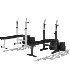 Gorilla Sports Hantelbank mit Ablage inkl, Langhantel Set Kunststoff 38/70/100 kg Weiss Clearance