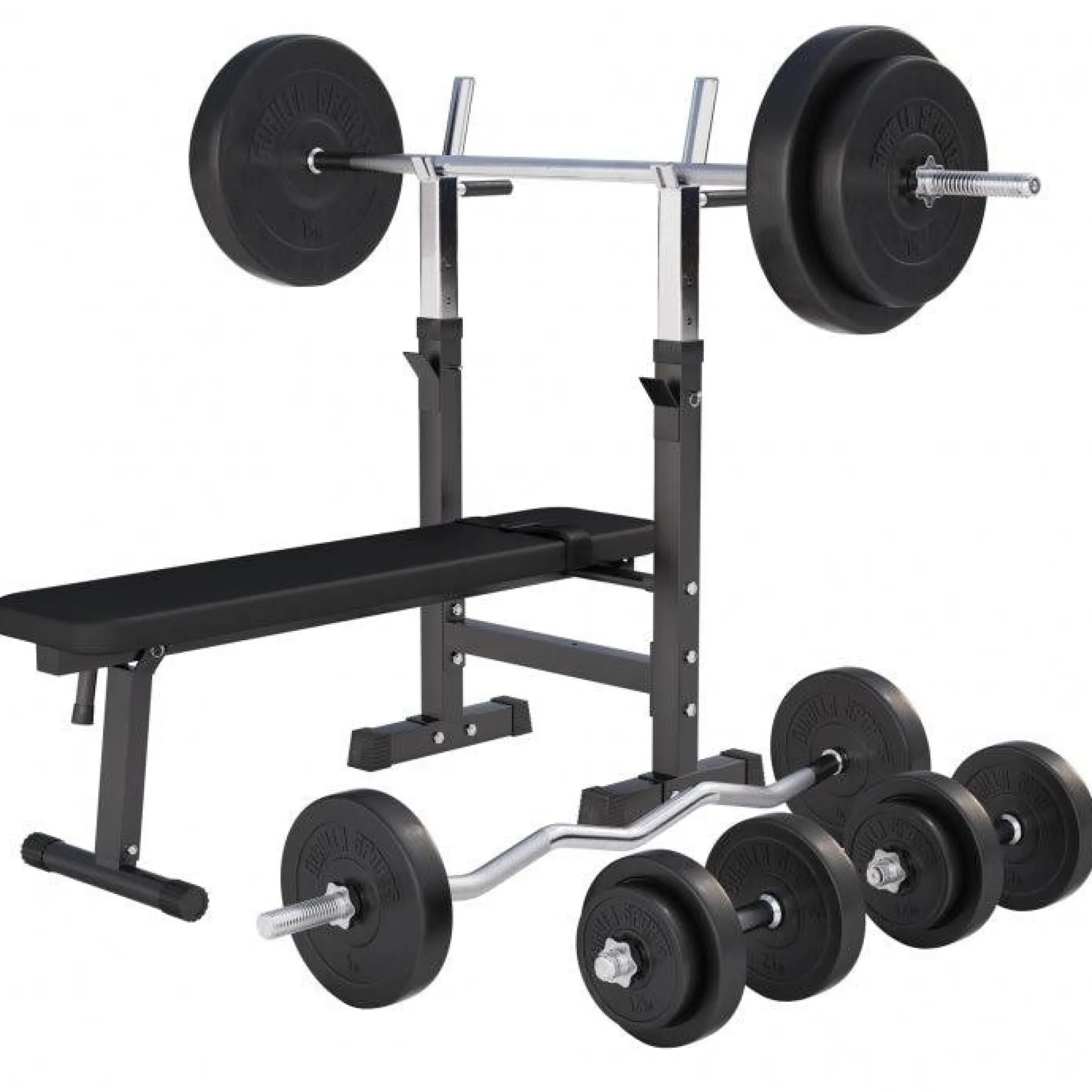 Gorilla Sports Hantelbank mit Ablage inkl, Langhantel Set Kunststoff 38/70/100 kg Schwarz Hot