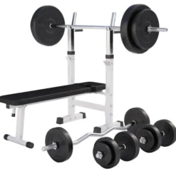 Gorilla Sports Hantelbank mit Ablage inkl, Langhantel Set Kunststoff 38/70/100 kg Schwarz Hot