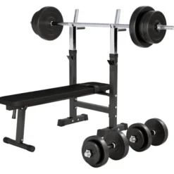Gorilla Sports Hantelbank mit Ablage inkl, Langhantel Set Kunststoff 38/70/100 kg Schwarz Hot