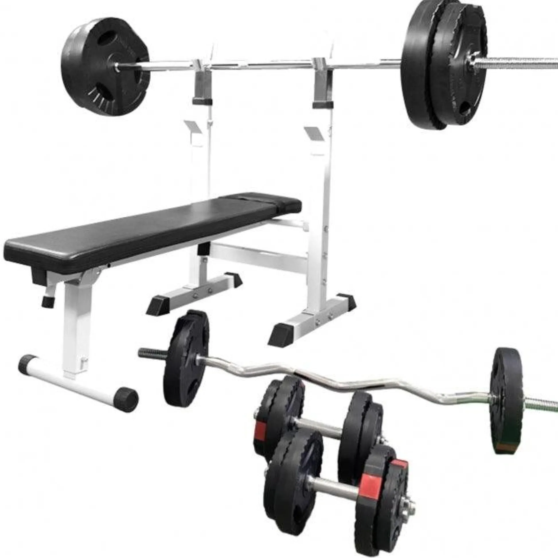 Gorilla Sports Hantelbank mit Ablage inkl, Langhantel Set Gripper 100 kg Weiss Online