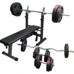 Gorilla Sports Hantelbank mit Ablage inkl, Langhantel Set Gripper 100 kg Schwarz Clearance
