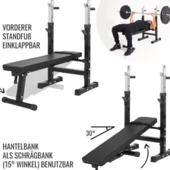 Gorilla Sports Hantelbank mit Ablage inkl, Langhantel Set Gripper 100 kg Schwarz Clearance
