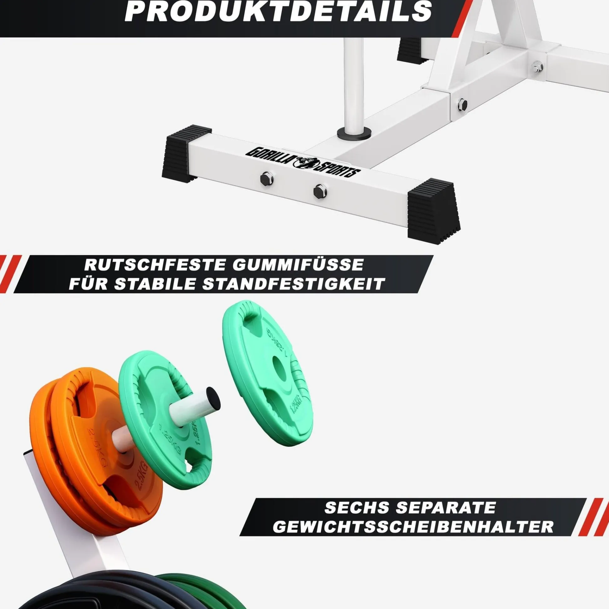Gorilla Sports Hantelscheibenständer mit 4 Stangen - 6 Scheibenaufnahmen Weiss Outlet