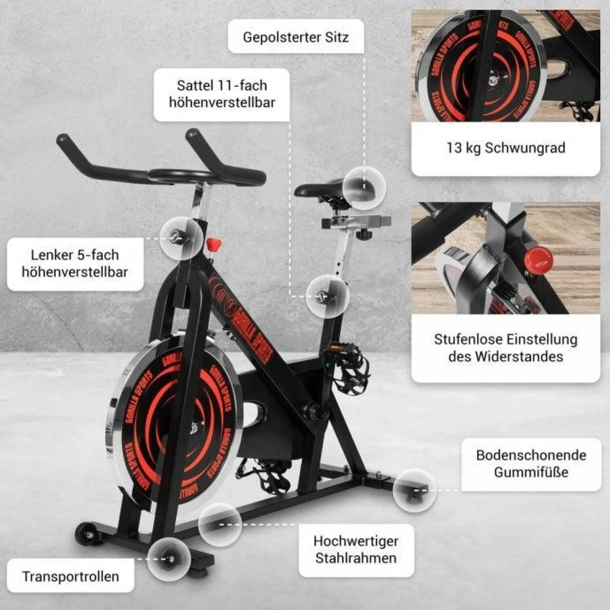 Gorilla Sports Indoor Cycling Heimtrainer Fahrrad Schwarz / Rot Sale