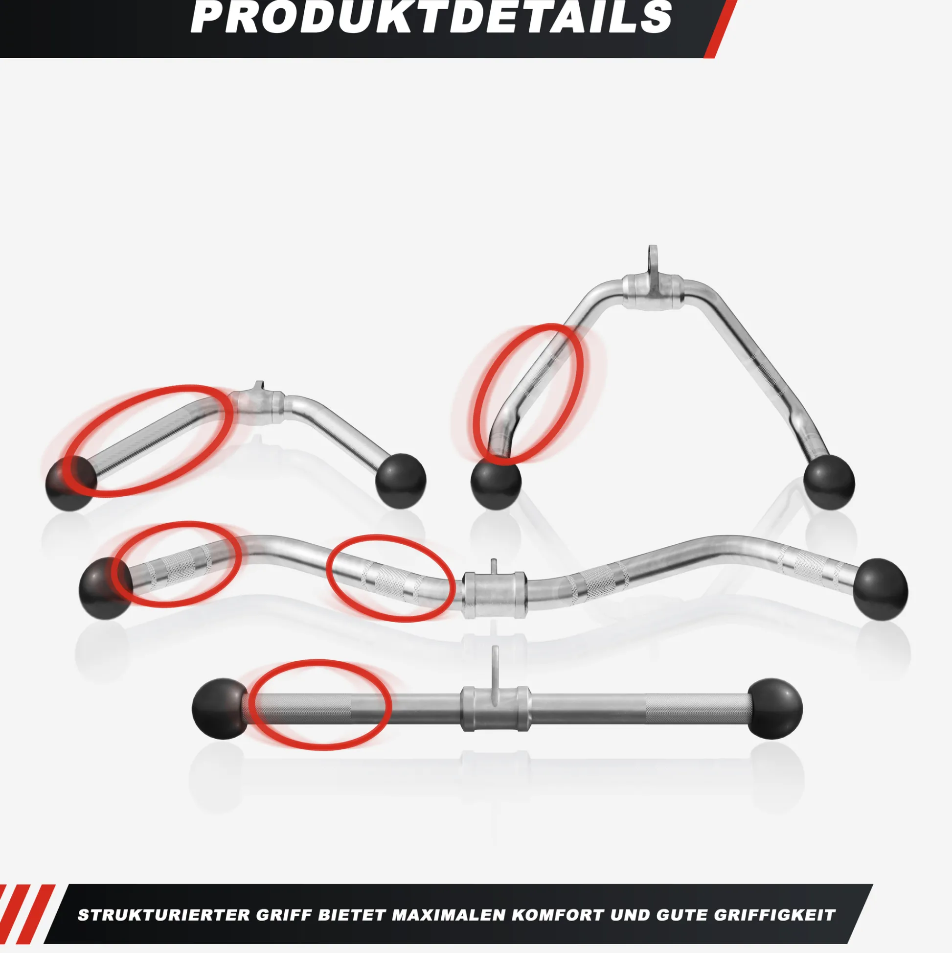 Gorilla Sports Kabelzug Griffset mit Trizeps-, SZ-Curl- und Rudergriff Silber Sale