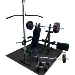 Gorilla Sports Kraftstation Universal inkl, Latzugturm, Langhantel Set Kunststoff Gripper und Bodenschutzmatten Schwarz / Rot / Silber Best