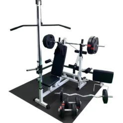 Gorilla Sports Kraftstation Universal inkl, Latzugturm, Langhantel Set Kunststoff Gripper und Bodenschutzmatten Weiss / Rot / Silber Online