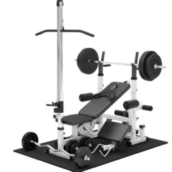 Gorilla Sports Kraftstation Universal inkl, Langhantel Set, Latzugturm und Bodenschutzmatten Schwarz Clearance
