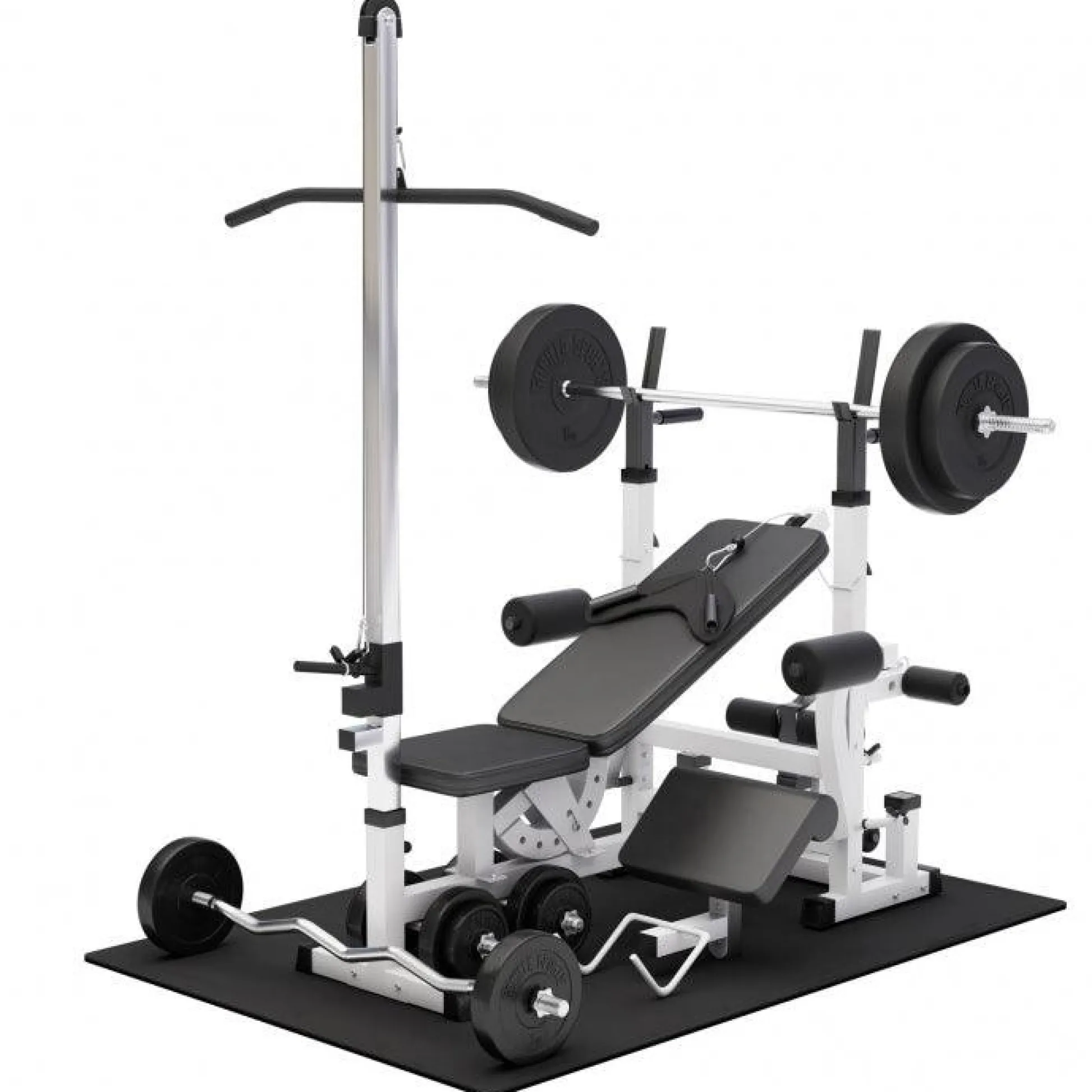 Gorilla Sports Kraftstation Universal inkl, Langhantel Set, Latzugturm und Bodenschutzmatten Weiss Online
