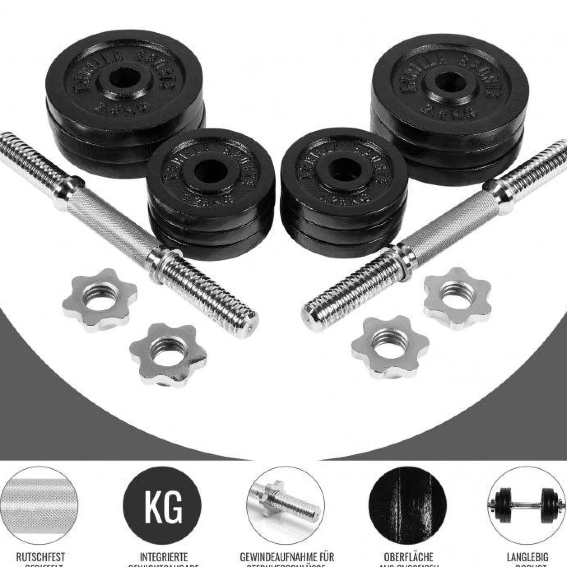 Gorilla Sports Kurzhantel Set Gusseisen Gripper 30 kg mit Sternverschlüssen Schwarz / Silber Hot