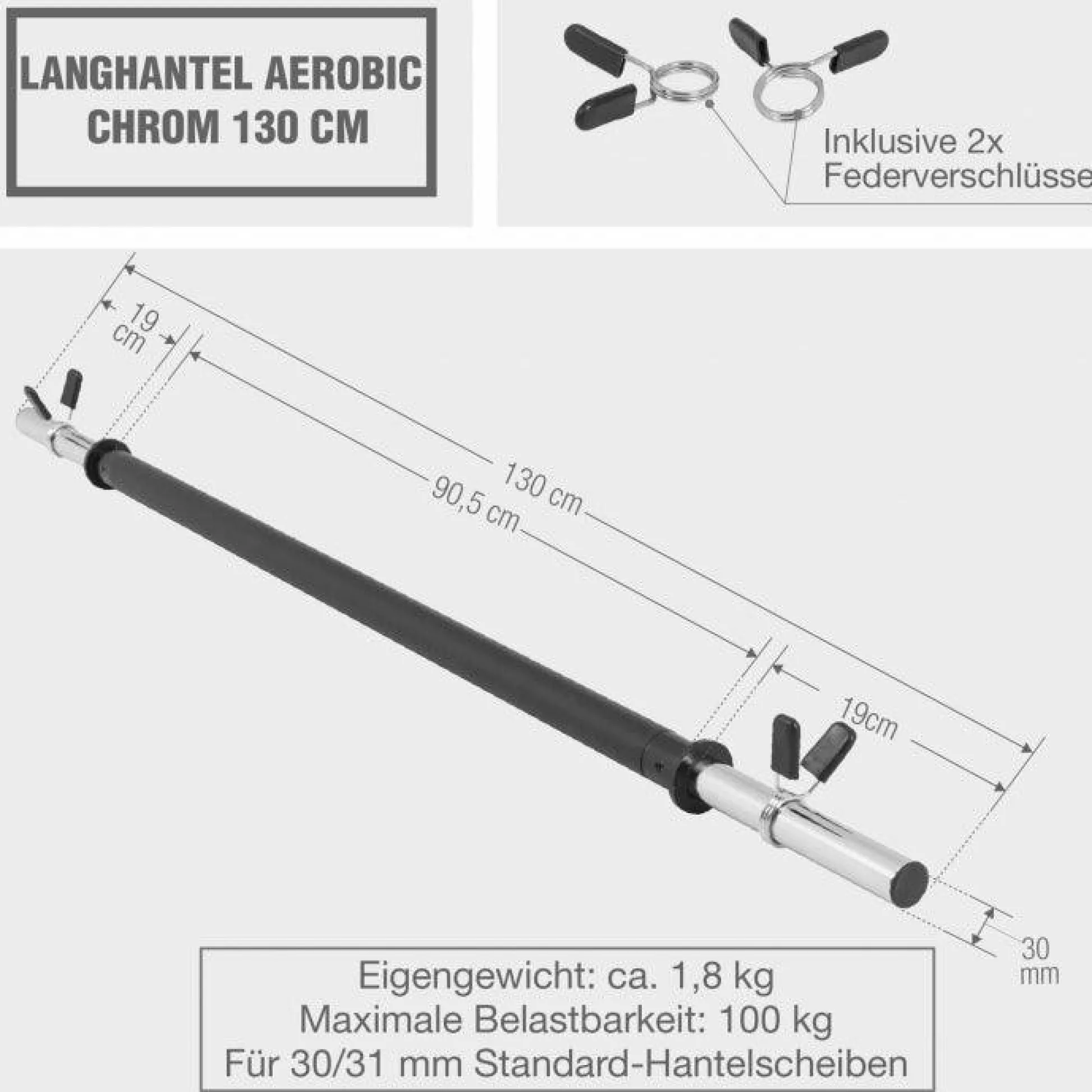 Gorilla Sports Langhantel Aerobic 130 cm mit Federverschlüssen Schwarz / Silber Outlet