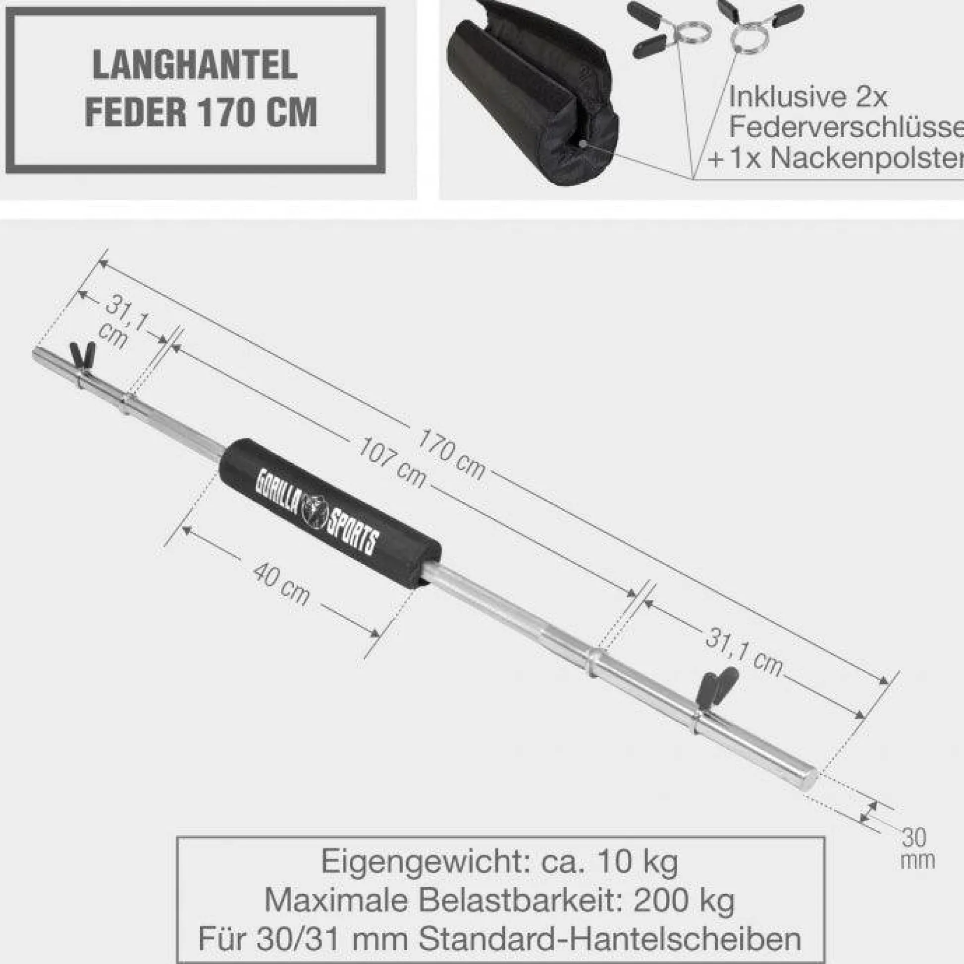 Gorilla Sports Langhantel 170 cm mit Nackenpolster mit Federverschlüssen Silber Clearance