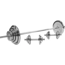 Gorilla Sports Langhantel Set Chrom 100 kg mit Sternverschlüssen Silber Hot