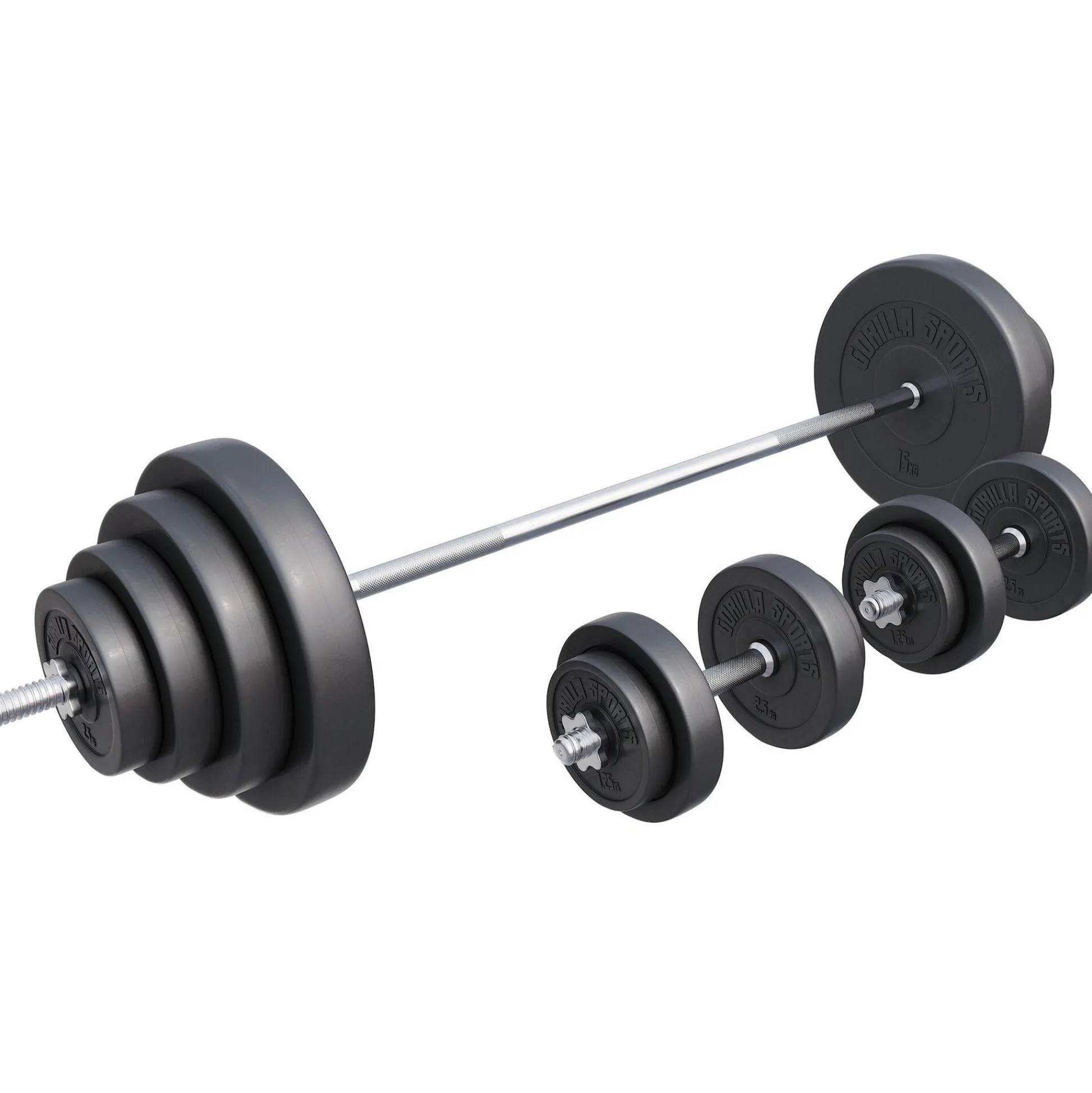 Gorilla Sports Langhantel Set Kunststoff 60 - 130 kg mit Sternverschlüssen Silber / Schwarz