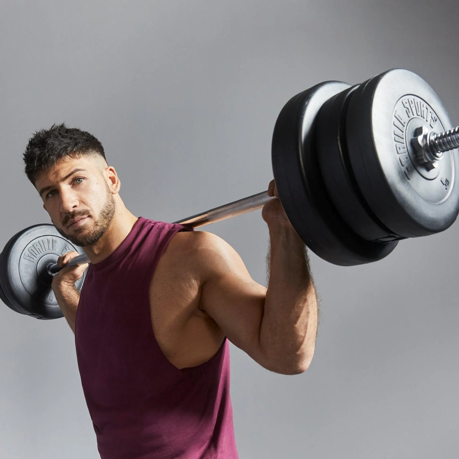 Gorilla Sports Langhantel Set Kunststoff 60 - 130 kg mit Sternverschlüssen Silber / Schwarz Outlet