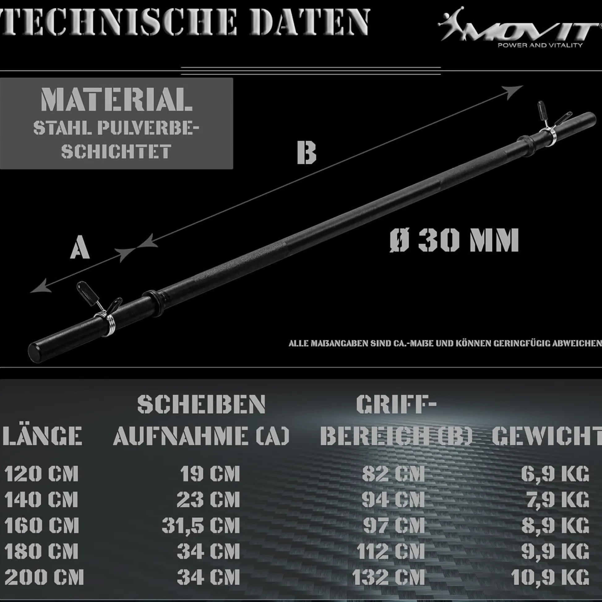 MOVIT Langhantelstange /Chrom Schwarz New