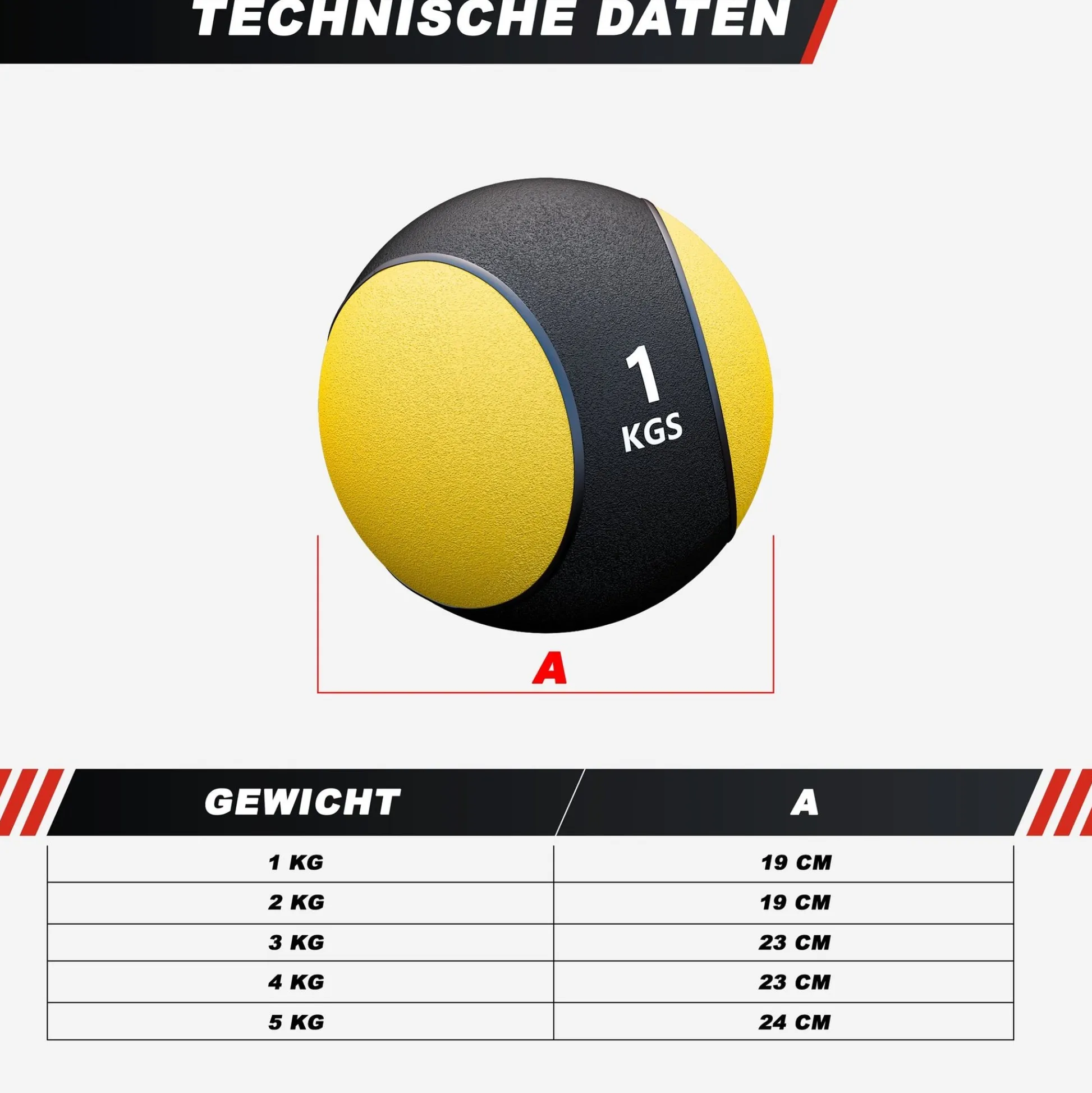 Gorilla Sports Medizinball Set aus Gummi inkl- Ständer 1 - 5 kg Schwarz / Rot Online