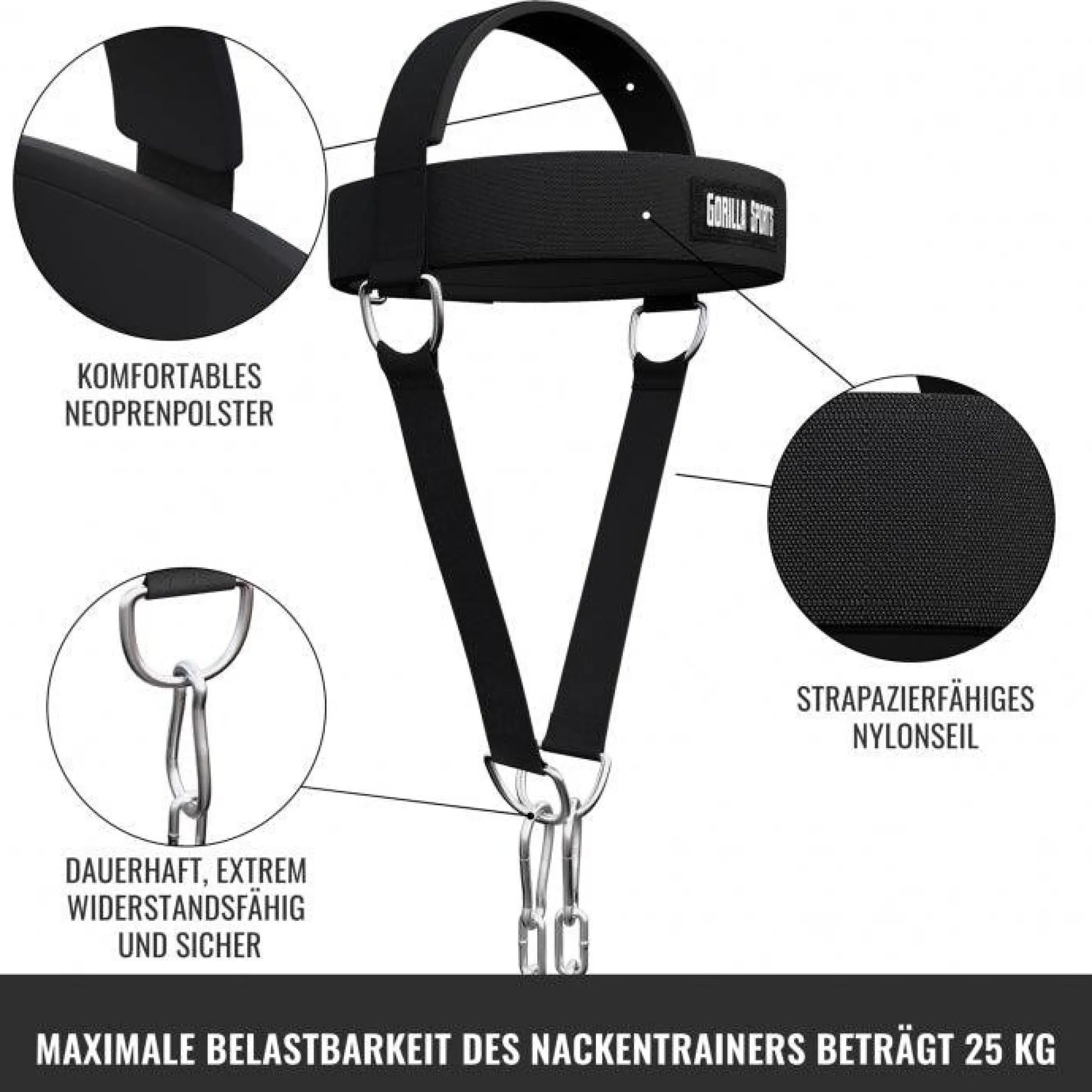 Gorilla Sports Nackentrainer gepolstert inkl, Kette und Karabinern Schwarz / Silber Clearance