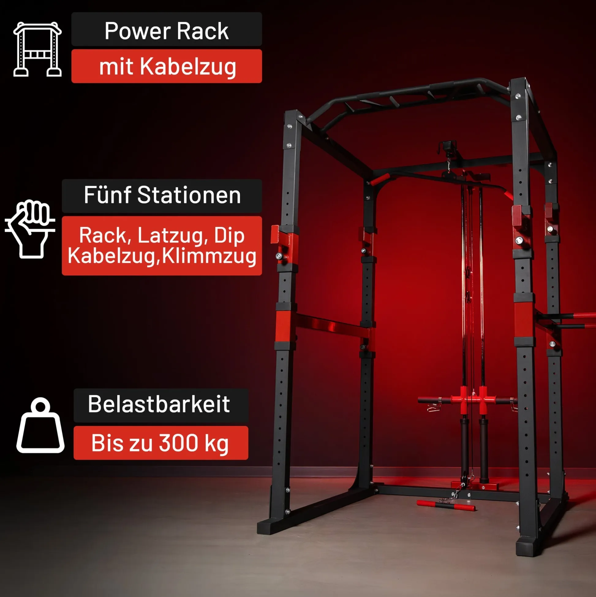 Gorilla Sports Power Rack mit Kabelzug Schwarz / Rot New