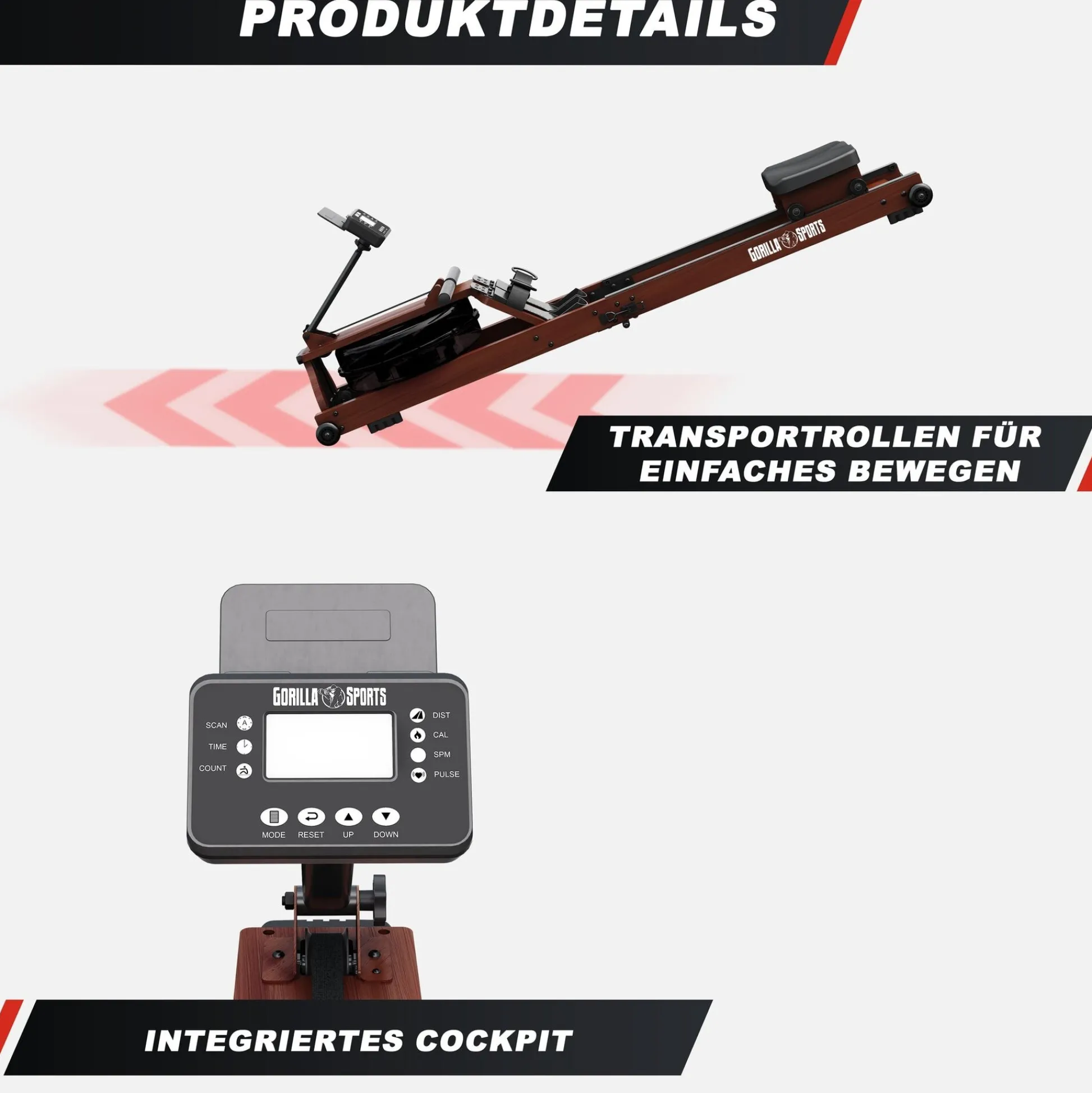Gorilla Sports Rudergerät aus Holz mit Wasserwiderstand, klappbar Holz / Schwarz Clearance