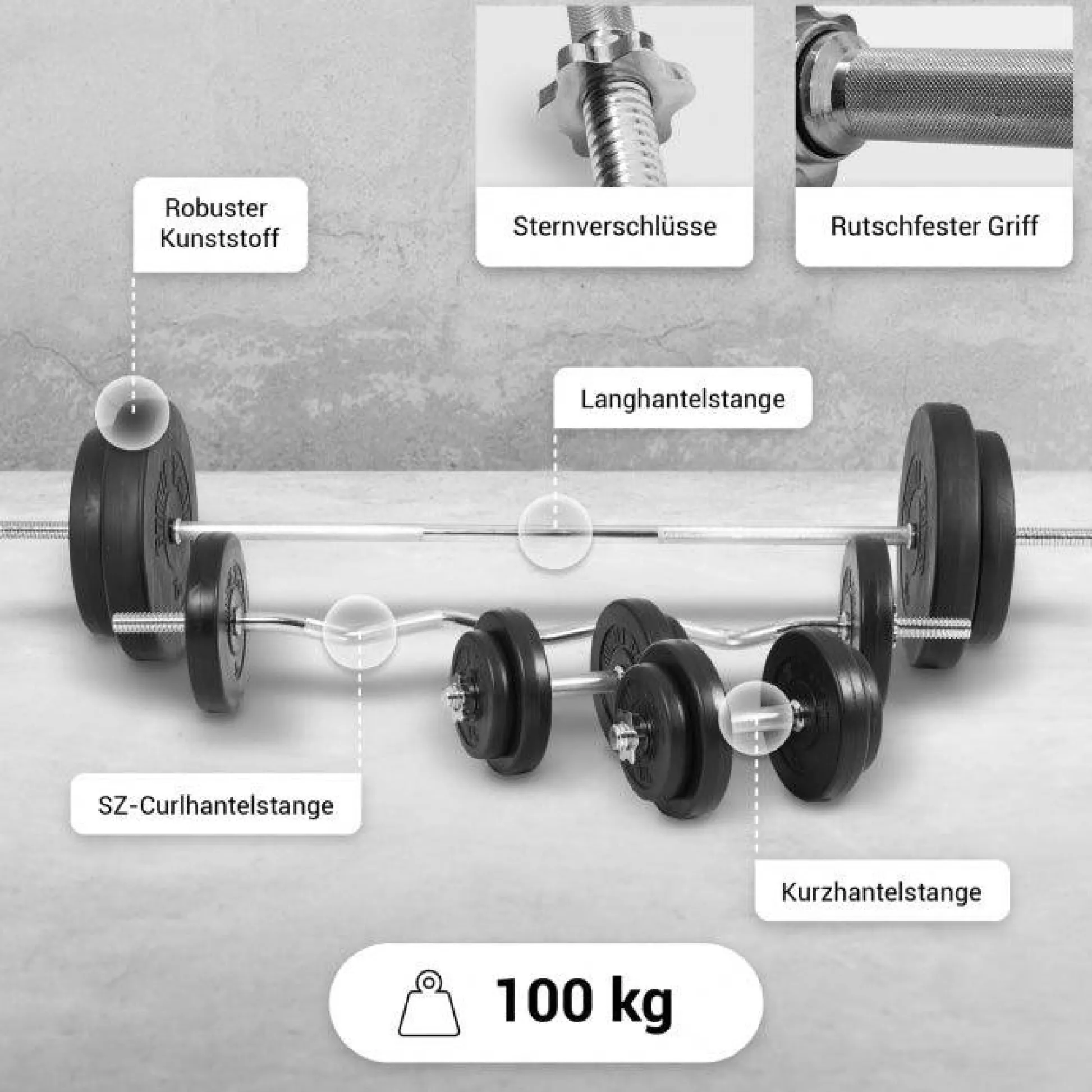 Gorilla Sports Schrägbank mit separater Ablage inkl, Langhantel Set 100 kg Weiss Sale