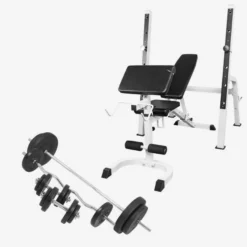 Gorilla Sports Schrägbank mit separater Ablage inkl, Langhantel Set 100 kg Weiss Sale