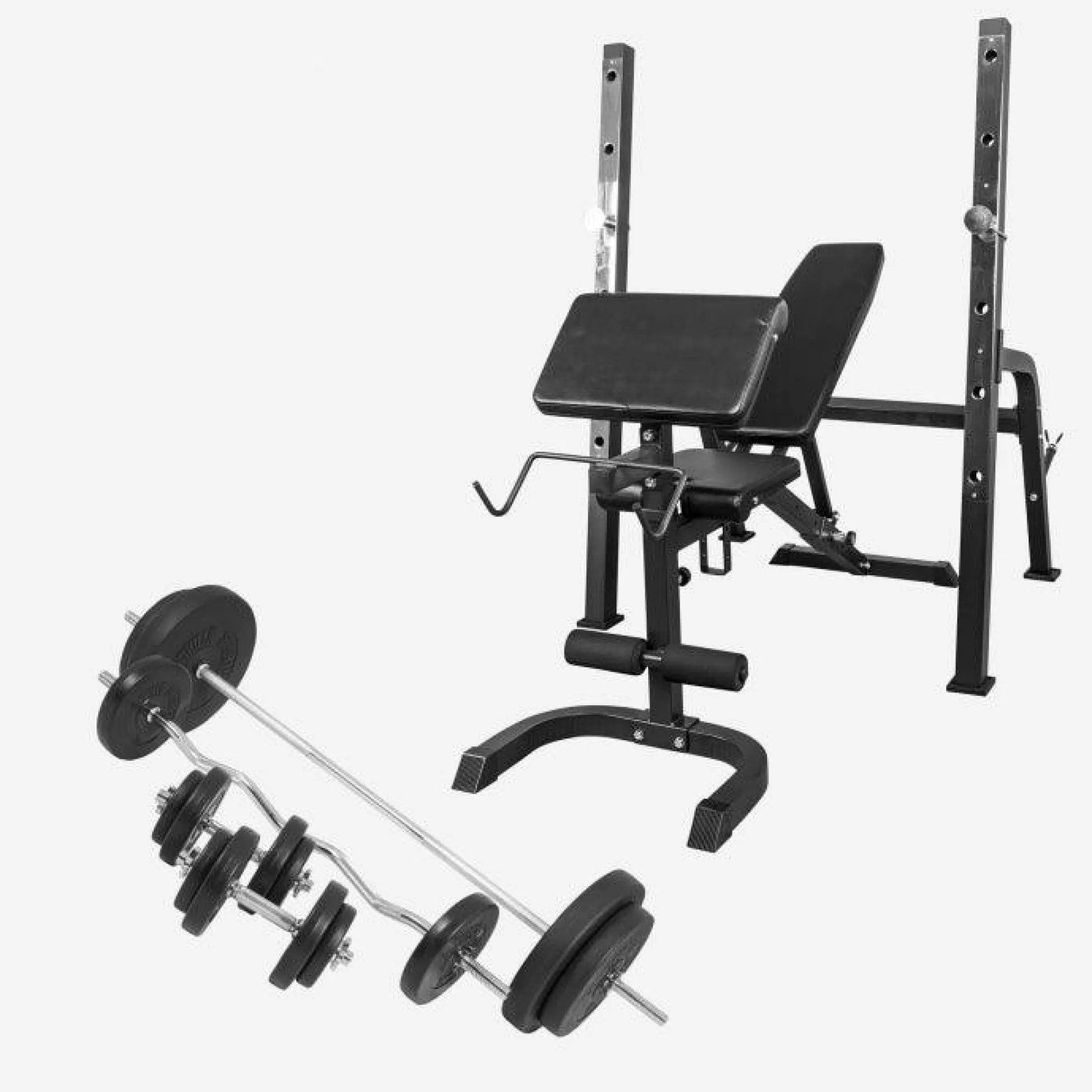 Gorilla Sports Schrägbank mit separater Ablage inkl, Langhantel Set 100 kg Schwarz New