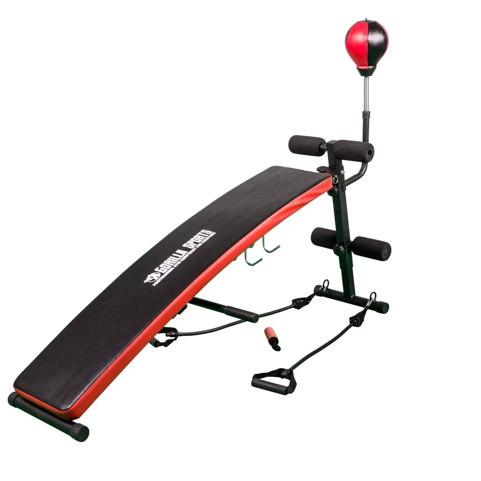 Gorilla Sports Sit Up Bank mit Punching Ball und Widerstandsbändern Schwarz / Rot Hot