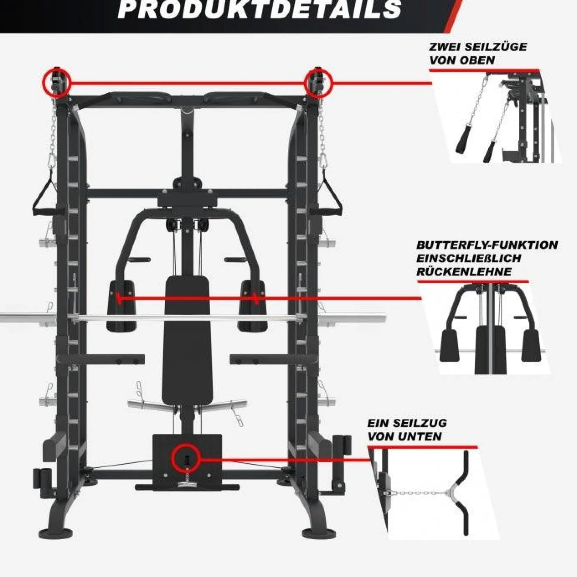 Gorilla Sports Smith Machine inkl, Klimmzugstange, Kabelzug und Butterfly Schwarz / Silber Hot