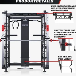 Gorilla Sports Smith Machine inkl, Klimmzugstange, Dipgriffen und Kabelzug Schwarz / Rot / Silber Best