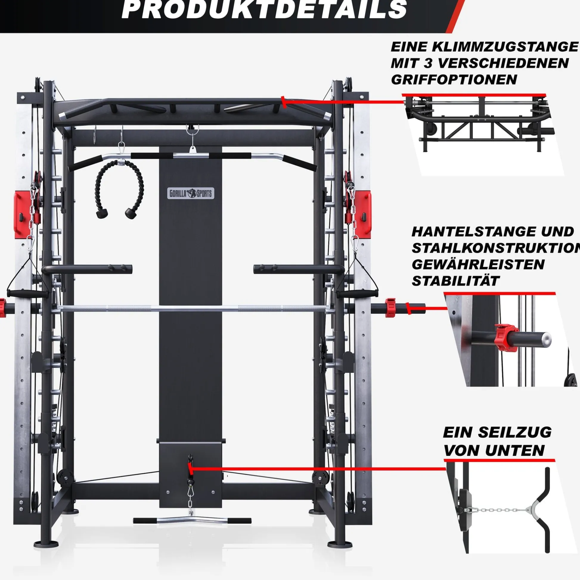 Gorilla Sports Smith Machine inkl, Klimmzugstange, Dipgriffen und Kabelzug Schwarz / Rot / Silber Best