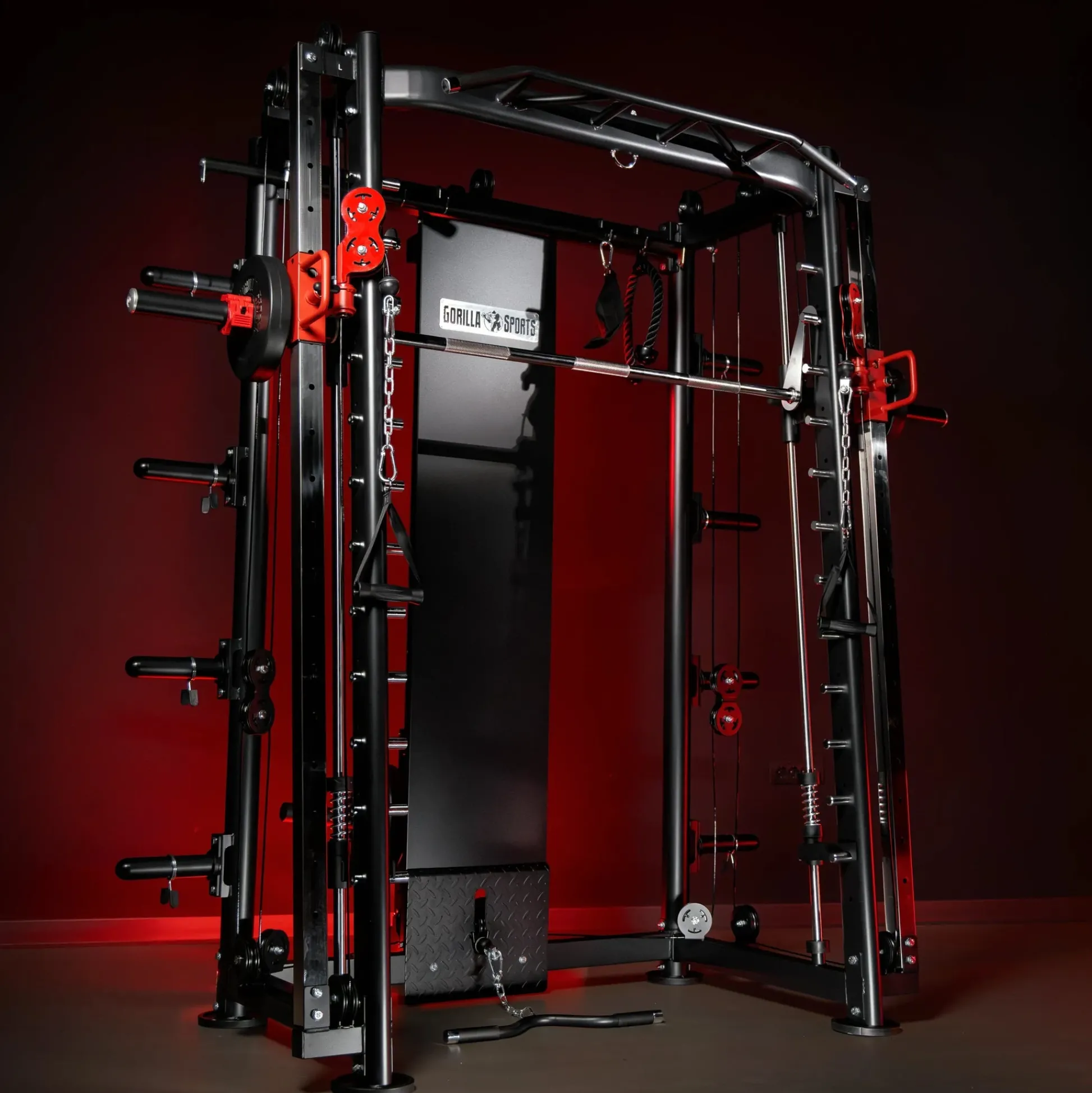 Gorilla Sports Smith Machine inkl, Klimmzugstange, Dipgriffen und Kabelzug Schwarz / Rot / Silber Best