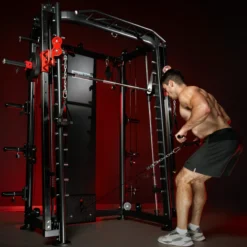Gorilla Sports Smith Machine inkl, Klimmzugstange, Dipgriffen und Kabelzug Schwarz / Rot / Silber Best