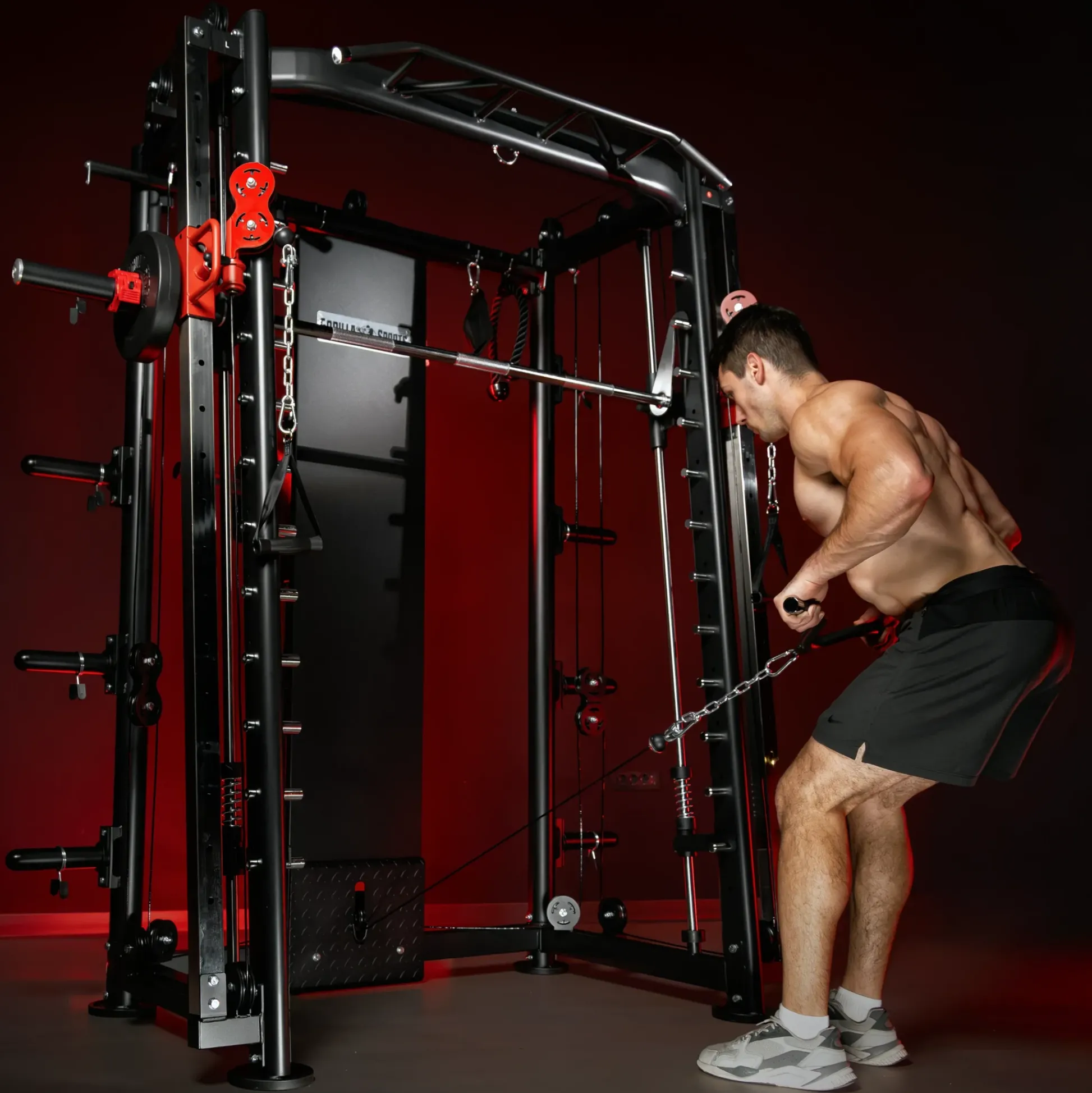 Gorilla Sports Smith Machine inkl, Klimmzugstange, Dipgriffen und Kabelzug Schwarz / Rot / Silber Best
