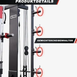 Gorilla Sports Smith Machine inkl, Klimmzugstange, Dipgriffen und Kabelzug Schwarz / Rot / Silber Best