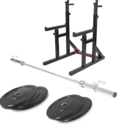 Gorilla Sports Squat Rack verstellbar in Höhe und Breite inkl, Langhantel Set Schwarz / Silber / Rot