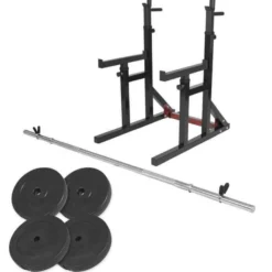 Gorilla Sports Squat Rack verstellbar in Höhe und Breite inkl, Langhantel Set Schwarz / Silber / Rot
