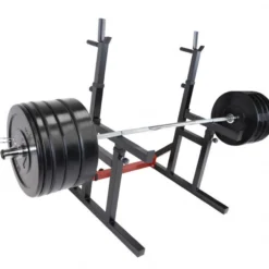 Gorilla Sports Squat Rack verstellbar in Höhe und Breite inkl, Olympia Bumper Plate Langhantel Set 170 kg Schwarz / Rot / Silber Sale
