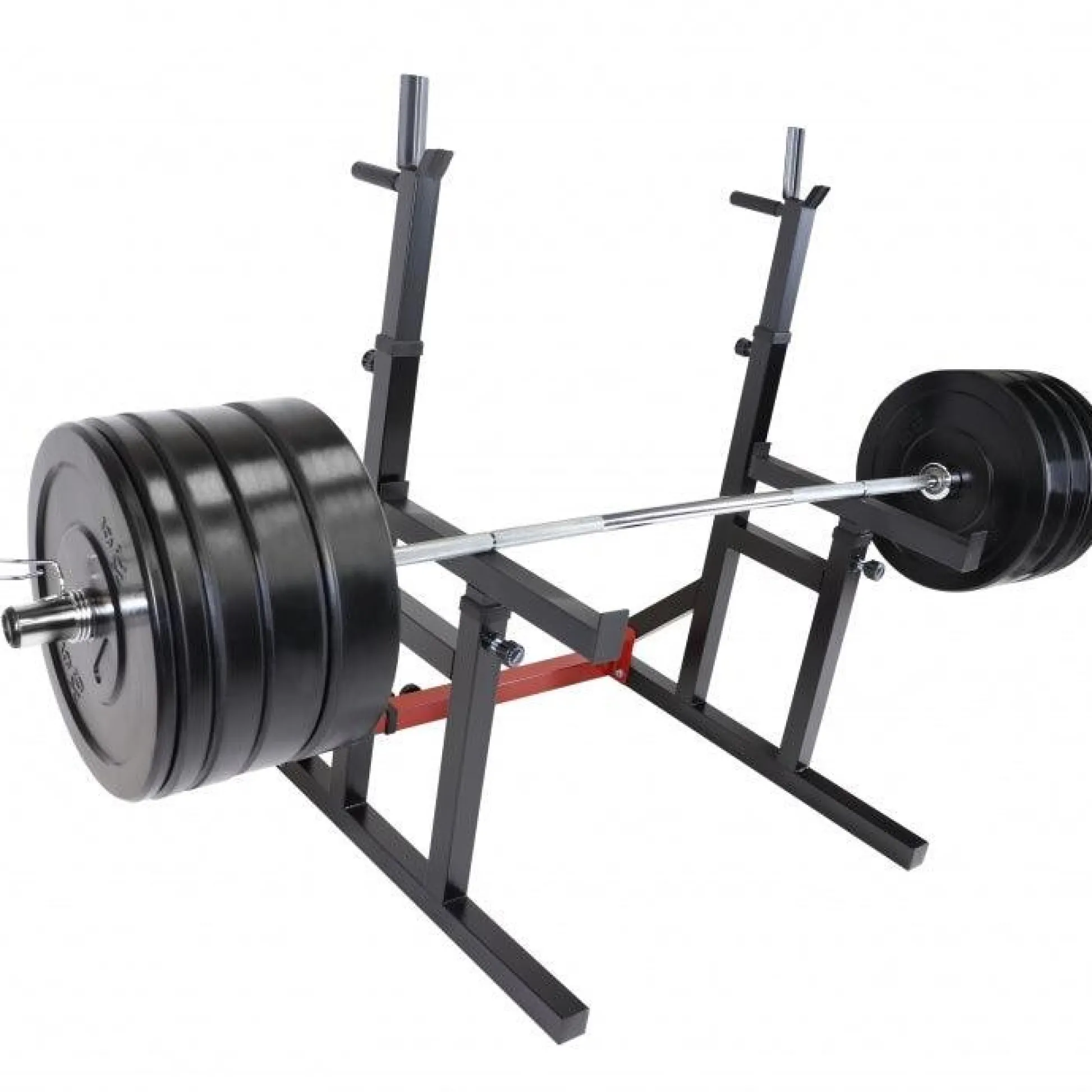 Gorilla Sports Squat Rack verstellbar in Höhe und Breite inkl, Olympia Bumper Plate Langhantel Set 170 kg Schwarz / Rot / Silber Sale